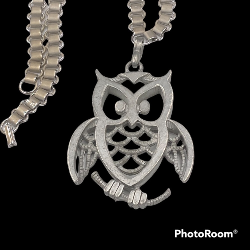 Vintage Silver Tone Owl Book Chain Necklace